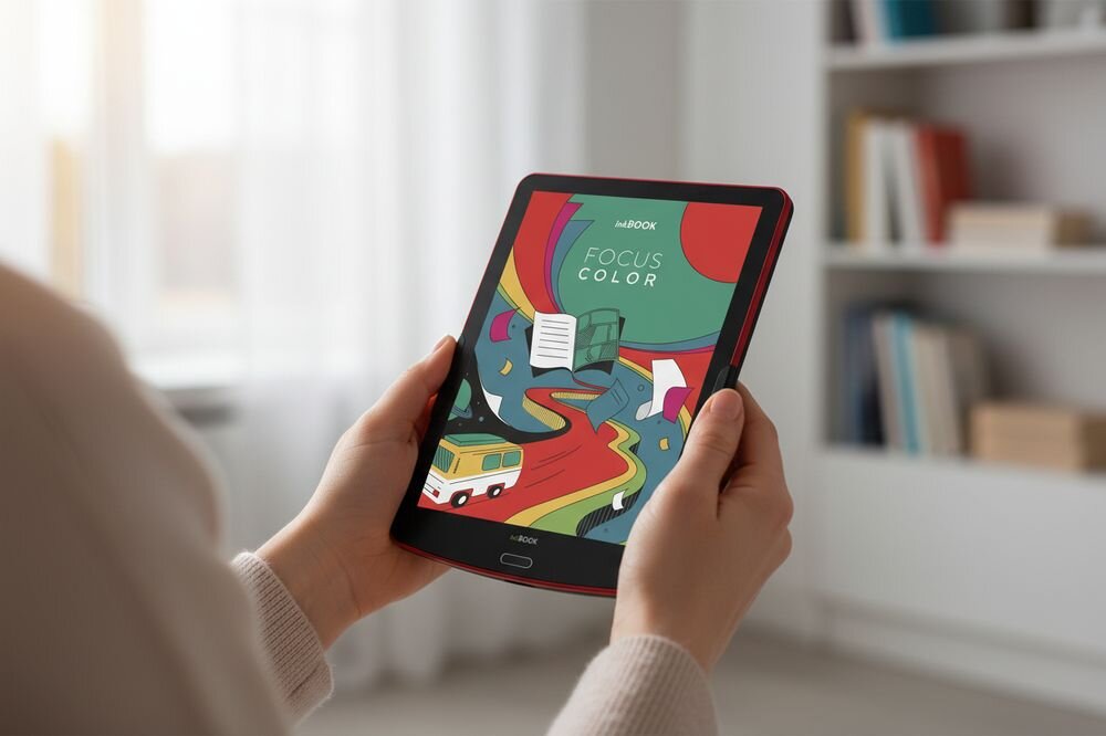 INKBOOK Focus Color              - Osoba trzyma czytnik e-booków z kolorowym ekranem, na którym wyświetlony jest komiks. Urządzenie jest czarne i ma widoczne logo \'inkBOOK\'.
