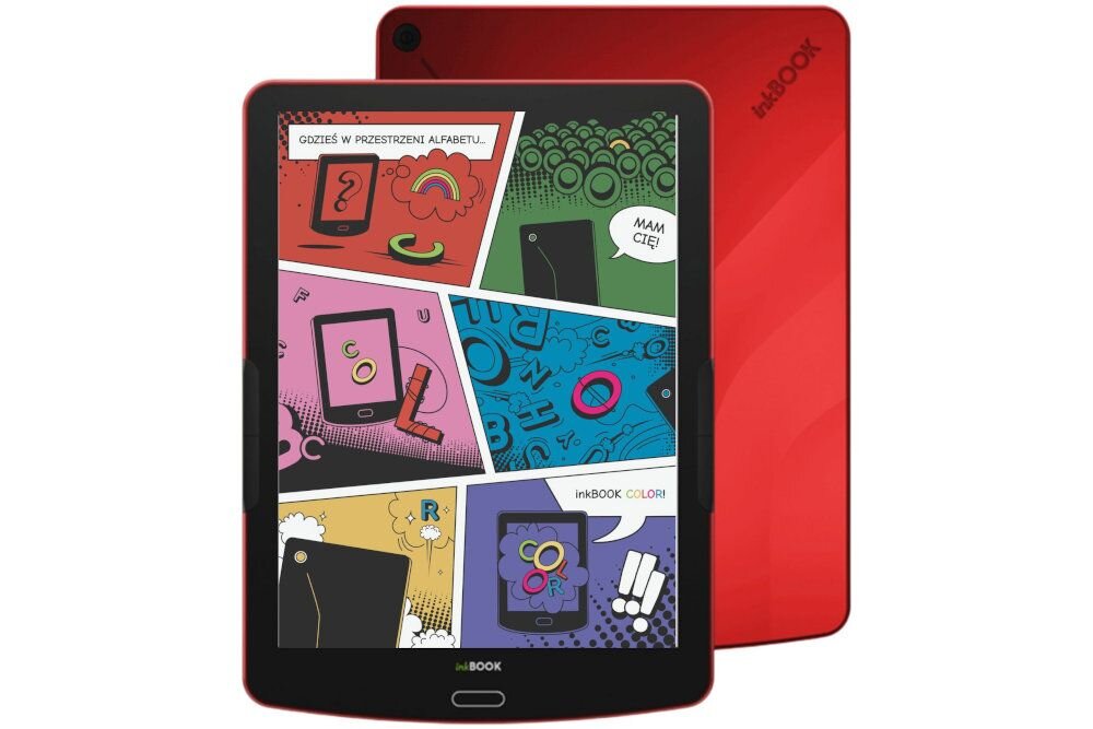 INKBOOK Focus Color czytnik e-booków ilustracje i komiksy 4 000 kolorów - Czytnik e-booków z kolorowym ekranem wyświetlającym komiksowe grafiki i teksty, takie jak \'GDZIEŚ W PRZESTRZENI ALFABETU...\' oraz \'MAM CIĘ!\'. Na dole urządzenia widoczne jest logo \'inkBOOK\'.