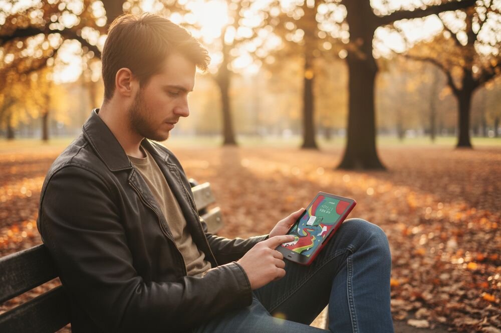 INKBOOK Focus Color zaznaczaj kluczowe fragmenty tekstu cytaty, ważne myśli i notatki przejrzyste i uporządkowane kolorowym ekranie E Ink - Osoba trzyma czarny czytnik e-booków z widocznym tekstem na ekranie. W tle znajduje się rozmyte, zielone otoczenie na zewnątrz.