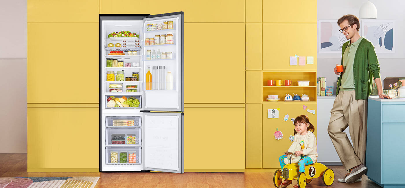 Funkcje elastycznego przechowywania produktów w lodówce Samsung RB38C672ESA 