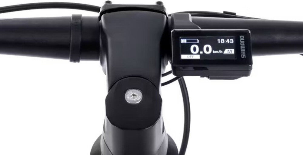 Rower elektryczny ROMET E-Monsun 2.0 29201884-B U20 29 cali Szampański zbliżenie na wyświetlacz czytelny wyświetlacz LCD bieżące monitorowanie kluczowych parametrów jazdy ułatwia planowanie tras i kontrolę nad energią
