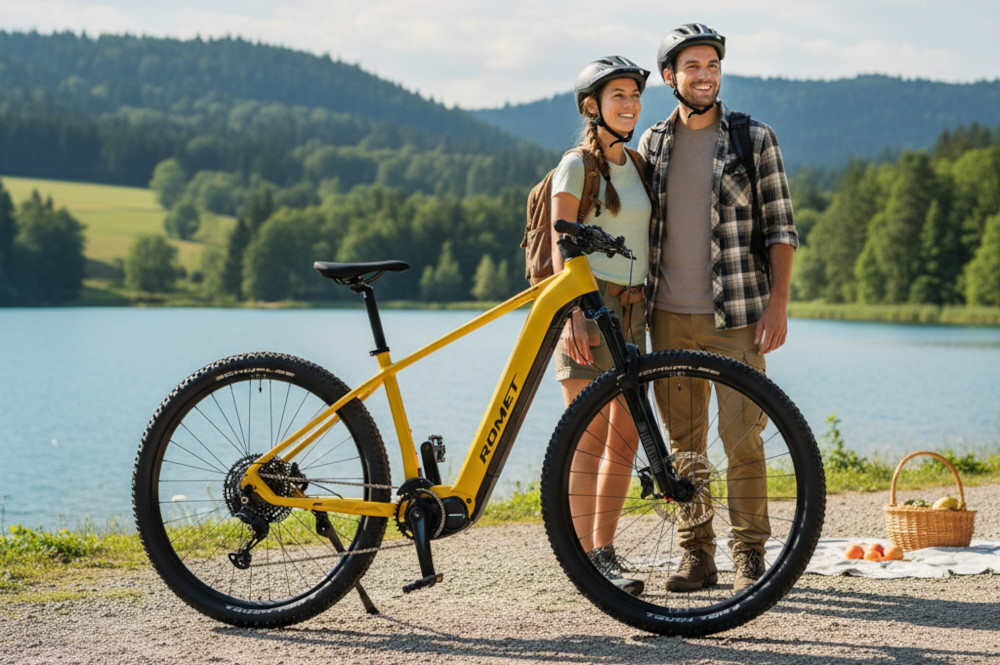 Rower elektryczny ROMET E-Monsun 1.0 U20 29 cali Żółty rower na białym tle widoczny z boku uniwersalny rower elektryczny środek codziennego transportu opcja dosłownie dla każdego wymaga on również pracy mięśni nóg elektryczny układ napędowy działa tu niejako równolegle
