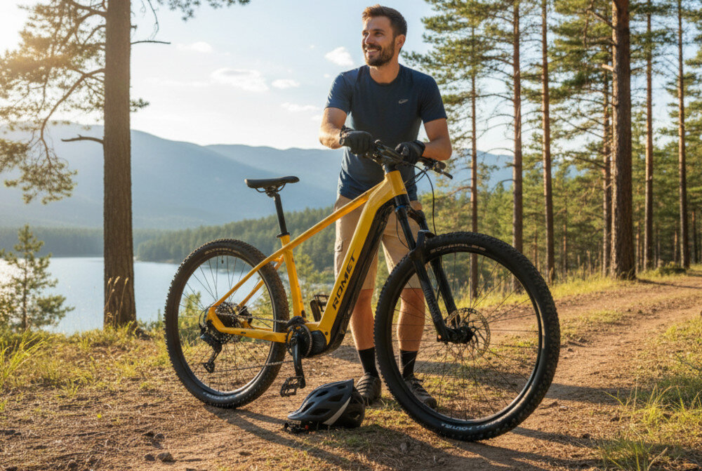 Rower elektryczny ROMET E-Monsun 1.0 U20 29 cali Żółty zbliżenie na przednią oponę rozmiar koła 29 cali łatwo jest pokonać różne przeszkody szerokie opony marki SCHWALBE obręcze marki WTB ST 27mm stabilne trzymanie opony regularne sprawdzanie ciśnienia powietrza wartość na bocznej części opony