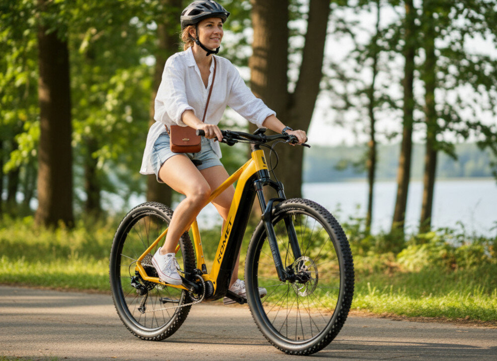 Rower elektryczny ROMET E-Monsun 1.0 U20 29 cali Żółty  zbliżenie na tarczę hamulcową podstawa bezpieczeństwa hamulce tarczowe hydrauliczne duża siła hamowania płyn hamulcowy hamulce z przodu i z tyłu podwójny pakiet bezpieczeństwa