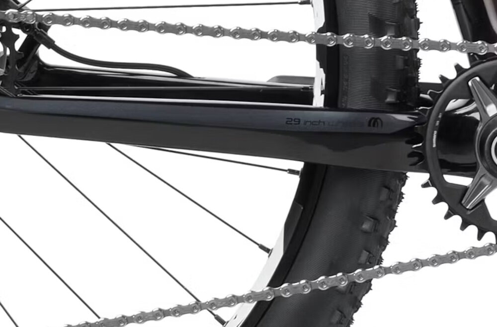 Zbliżenie na część roweru górskiego z widocznym łańcuchem, zębatką i oponą. Na ramie znajduje się napis \'29 inch wheels\'.