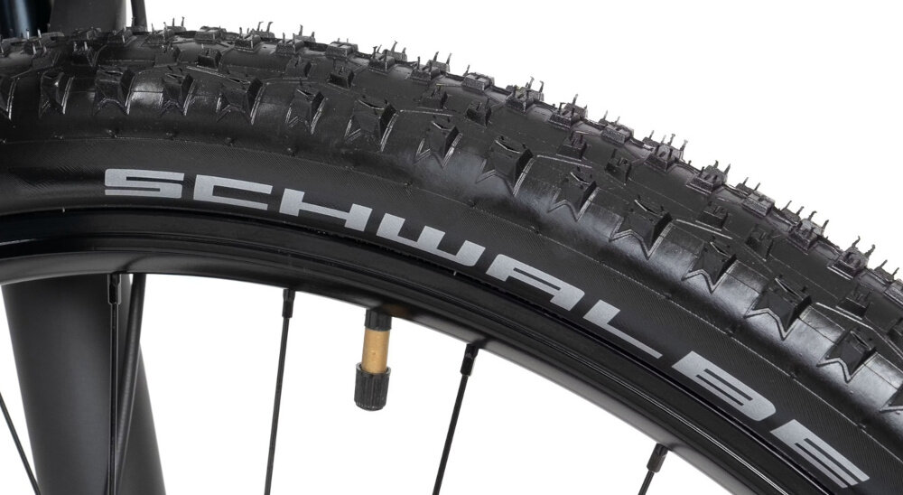Zbliżenie na oponę rowerową z widocznym bieżnikiem i napisem \'SCHWALBE\'.