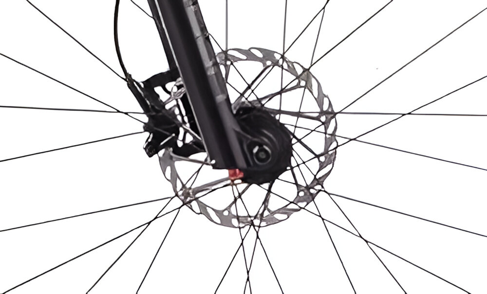 Rower górski MTB ROMET Monsun 2 29150135-A U15 29 cali Turkusowy zbliżenie na tarczę hamulcową białe tło podstawa bezpieczeństwa hamulce tarczowe hydrauliczne duża siła hamowania sprawdzają się w każdych warunkach pogodowych i na każdej trasie płyn hamulcowy z przodu i z tyłu podwójny pakiet bezpieczeństwa