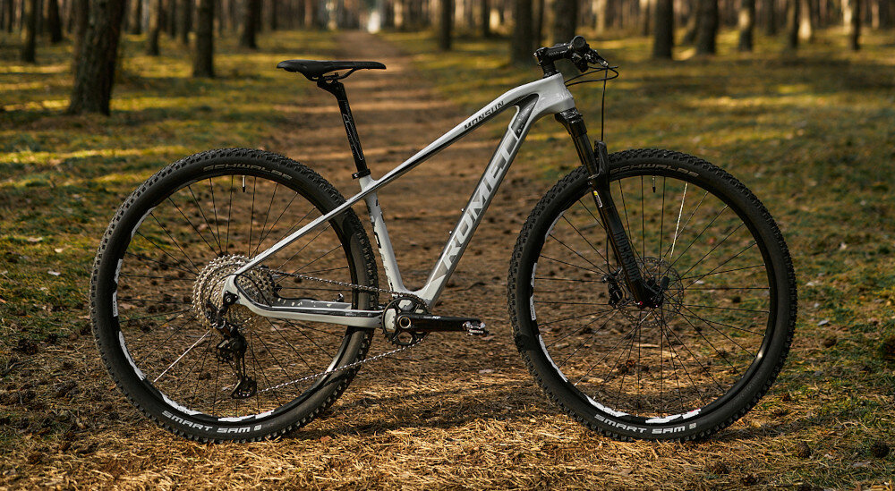 Rower górski MTB ROMET Monsun 3.1 29152260-B U15 29 cali Szary las droga rower widoczny z boku ustawiony na drodze leśnej hobby pasja jazda na rowerze