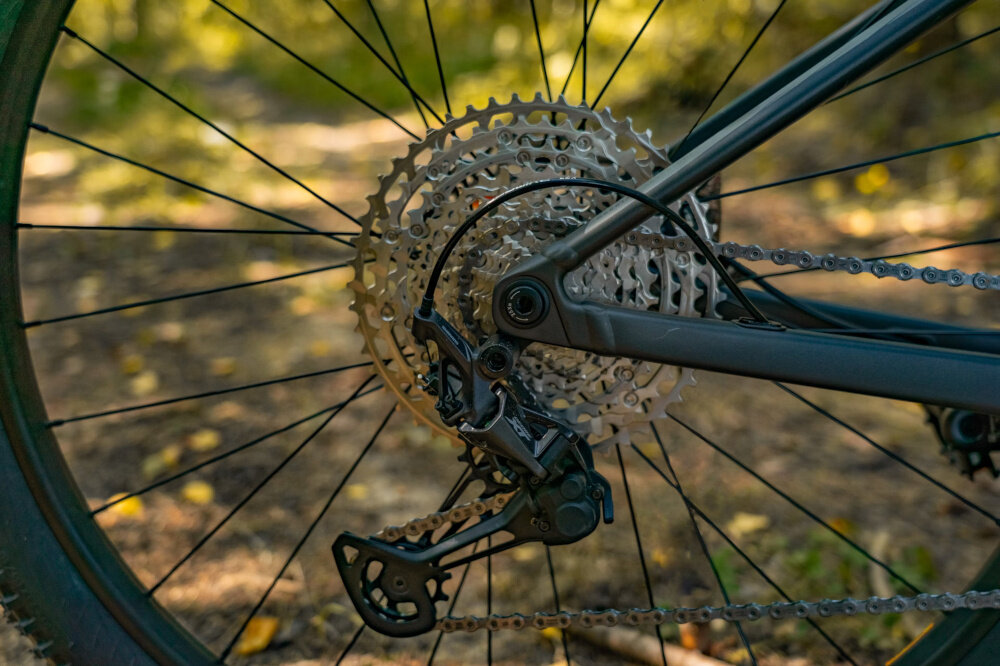 Zdjęcie przedstawia zbliżenie na tylne koło roweru górskiego z widocznym mechanizmem przerzutki i kasetą zębatek. W tle widać rozmyty krajobraz leśny.
