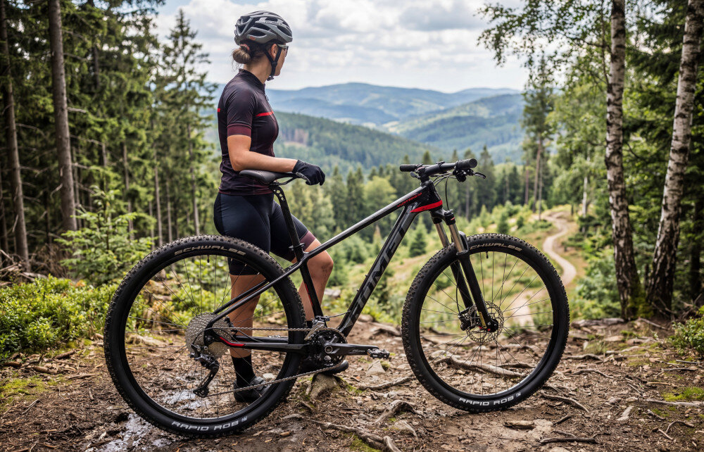 Rower górski MTB ROMET Mustang Evo 1 U19 29 cali Czarno-czerwony droga osoba w stroju sportowym stoi za rowerem opiera dłonie na siodełku patrzy na góry 19-calowa, karbonowa rama rower niska waga 12,7 kg łatwo przenieść rower odpowiednia sztywność wybór rozmiaru ramy wzrost mierzony w zrelaksowanej pozycji typ roweru dla osób o wzroście od 174 do 180 cm
