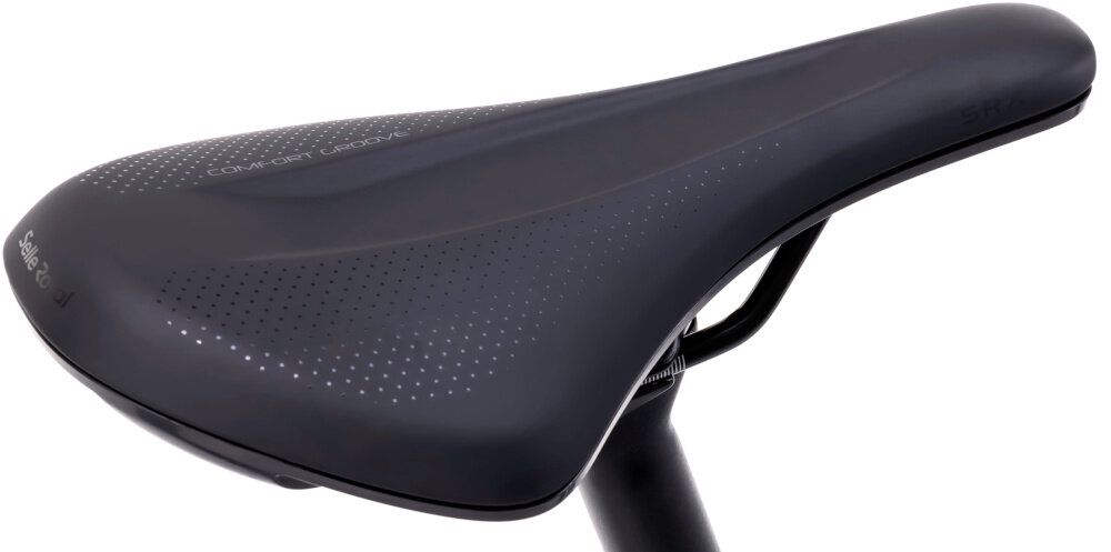 Rower gravel ROMET NYK 2.0 28460099-A U17 28 cali Fioletowy siodełko na białym tle widoczne lekko pod skosem siodełko SELLE ROYAL typu SRX ergonomiczna konstrukcja lepiej dopasowuje się do pozycji użytkownika aluminiowa sztyca siodełka RMT Components typu JD-SP-D41 o średnicy 27,2 mm i długości 300 mm wygoda i efektywność pedałowania