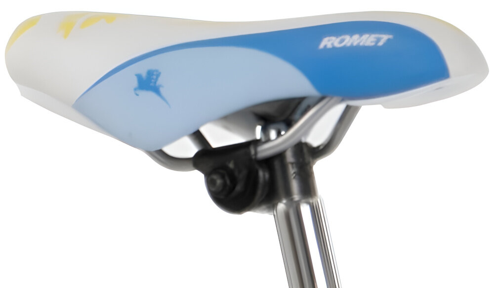 Rower młodzieżowy ROMET Panda 1 E 24 cale dla dziewczynki Biało-niebieski siodełko na białym tle wysoki komfort jazdy siodełko ROMET typu Kid stalowa sztyca o wymiarze 27.2 x 300 mm komfort nawet podczas długich przejażdżek łatwe dopasowanie ustawienia do wzrostu dziecka