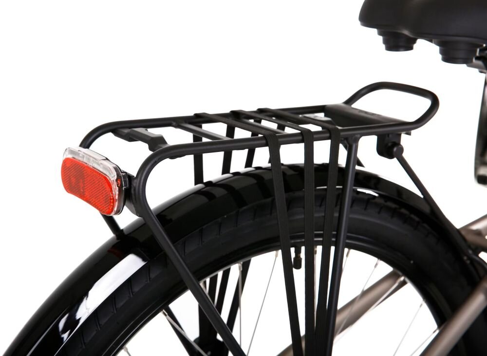 Rower elektryczny PROECO ONI z tylnym bagażnikiem i lampką LED pokazuje wyposażenie transportowe w zbliżeniu technicznym.
