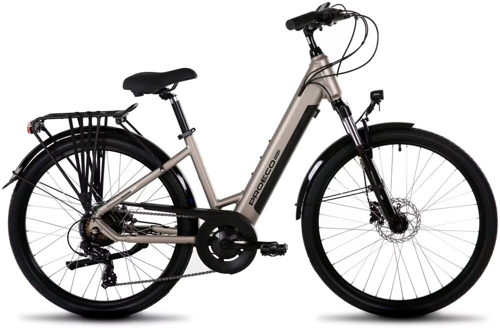 Rower elektryczny PROECO City z zintegrowanym akumulatorem i bagażnikiem pokazuje boczny profil ramy na jasnym tle produktowym