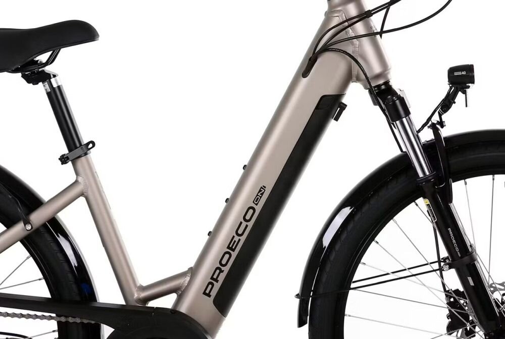 Rower elektryczny PROECO City z zintegrowanym akumulatorem prezentuje ramę i amortyzowany widelec na jasnym tle produktowym  
