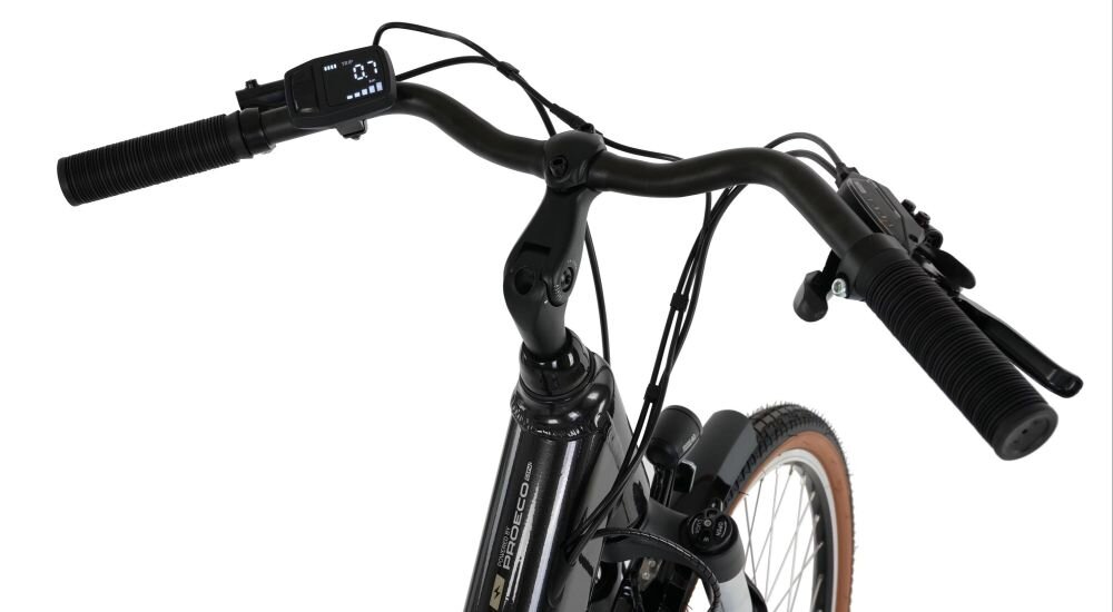 Rower elektryczny PROECO ONI z hydraulicznym hamulcem Shimano prezentuje kierownicę i elementy sterowania w zbliżeniu technicznym.