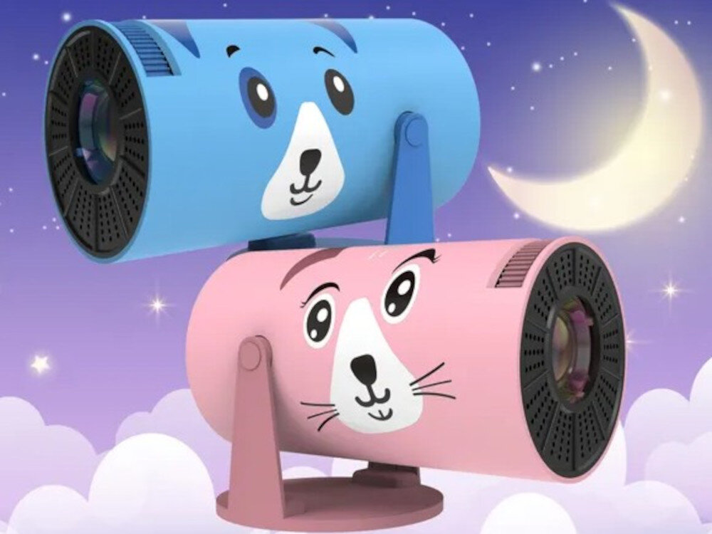 Projektor KIANO Kid Dog różowy kot niebieski pies design dla dzieci, dwa projektory w różnych wersjach kolorystycznych po skosie