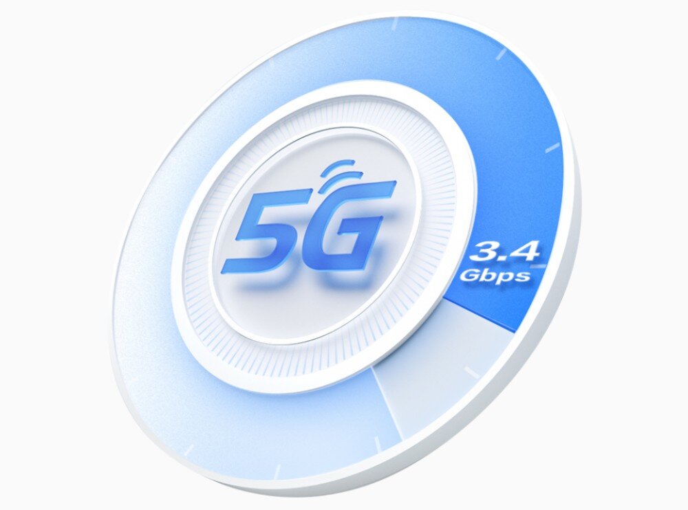 Router TP-LINK Deco x50-5G Niebieska grafika z napisem 5G oraz oznaczeniem prędkości 3.4 Gbps, symbolizująca szybkie połączenie internetowe, sieć 5G, technologie, cechy, zalety