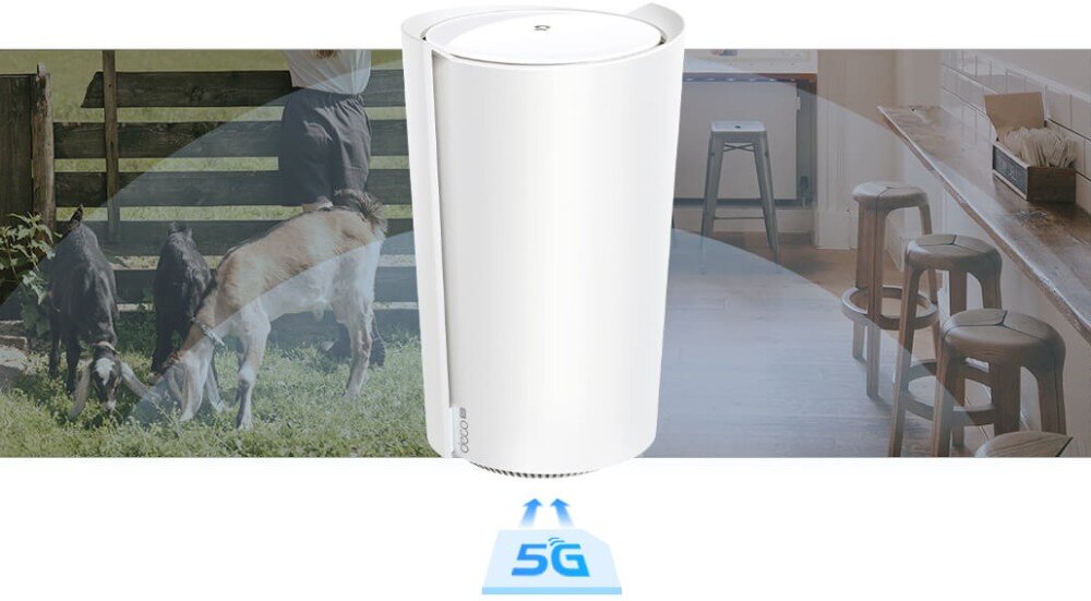 Router TP-LINK Deco x50-5G Router na tle podzielonym na dwie części – po lewej stronie znajduje się teren wiejski z kozami, po prawej wnętrze nowoczesnej kawiarni. Pod routerem symbol sieci 5G, działanie, karta nanoSIM, automatyczne przełączanie