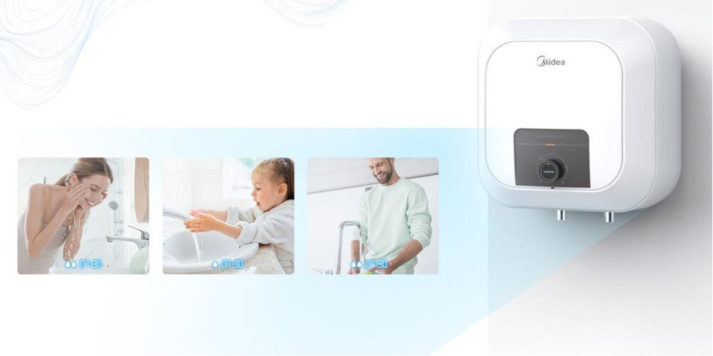 Na obrazie widoczny jest biały bojler elektryczny z logo \'Midea\' zamontowany na ścianie. Obok znajdują się trzy zdjęcia przedstawiające osoby korzystające z wody, każde z ikoną kropli wody i napisem \'40-55°C\'.