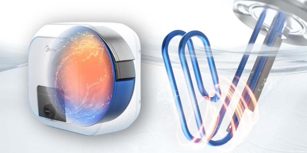 Obraz przedstawia bojler elektryczny z widocznym logo producenta oraz element grzewczy zanurzony w wodzie. Bojler ma przezroczystą obudowę, przez którą widać pomarańczowe światło symbolizujące ciepło.