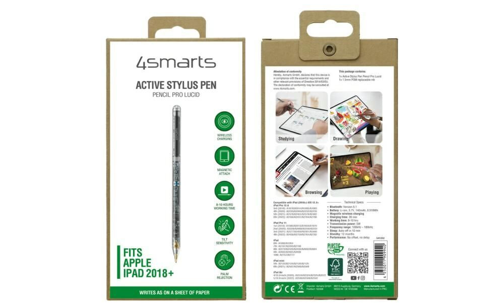 Rysik 4SMARTS Pencil Pro Lucid rysik na bialym tle, unikalny przezroczysty, pelna bateria, magnetyczne dokowanie