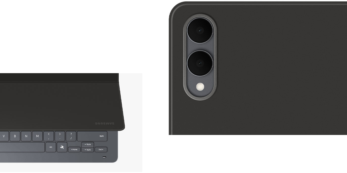 Zbliżenie na klawiaturę Book Cover Keyboard Slim do Galaxy Tab S11 Ultra z eleganckim tyłem i metalową ramką wokół dwóch tylnych aparatów. Kolejne zbliżenie klawiatury pod innym kątem, z częściowo otwartą pokrywą.