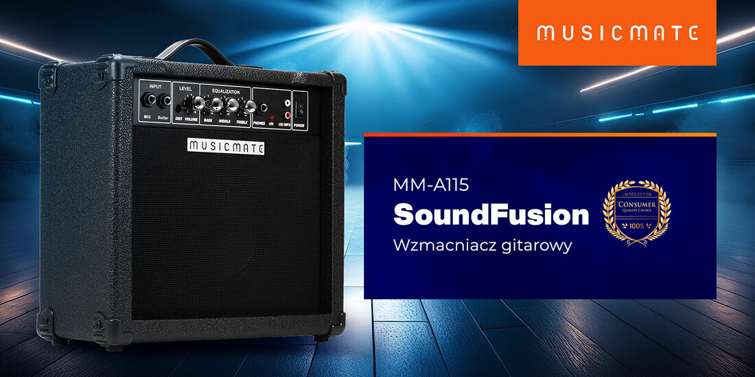 Na obrazie znajduje się wzmacniacz gitarowy z panelem kontrolnym i logo \'MUSICMATE\'. Obok widnieje napis \'MM-A115 SoundFusion Wzmacniacz gitarowy\' oraz odznaka z napisem \'Consumer 100%\'.