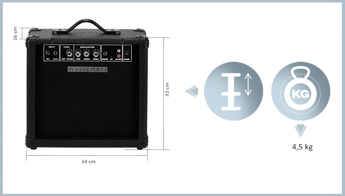 Czarny wzmacniacz gitarowy z panelem kontrolnym zawierającym pokrętła i wejścia, oznaczony logo \'MUSICMATE\'. Obok wzmacniacza znajdują się ikony przedstawiające wysokość 32 cm, szerokość 34 cm, głębokość 16 cm oraz wagę 4,5 kg.