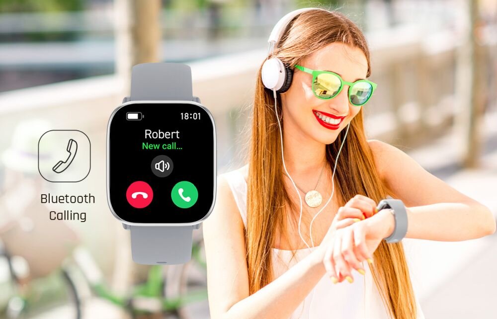 Smartwatch z wyświetlaczem pokazującym \'Robert New call...\' oraz ikonami połączeń. Obok widoczna jest ikona telefonu z napisem \'Bluetooth Calling\'.