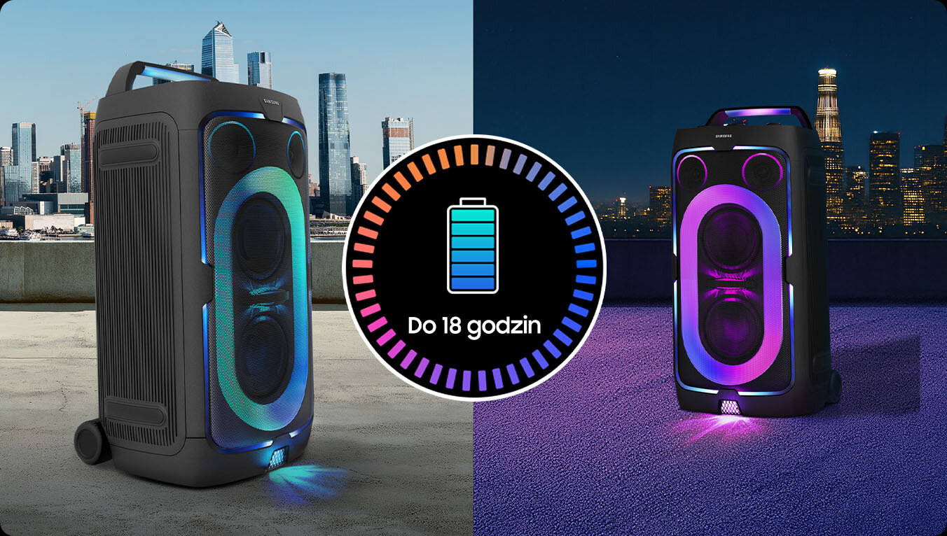 Side-by-side scenes of the Sound Tower ST50F on rooftop during the day and at night with battery illustration. Up to 18Hrs.