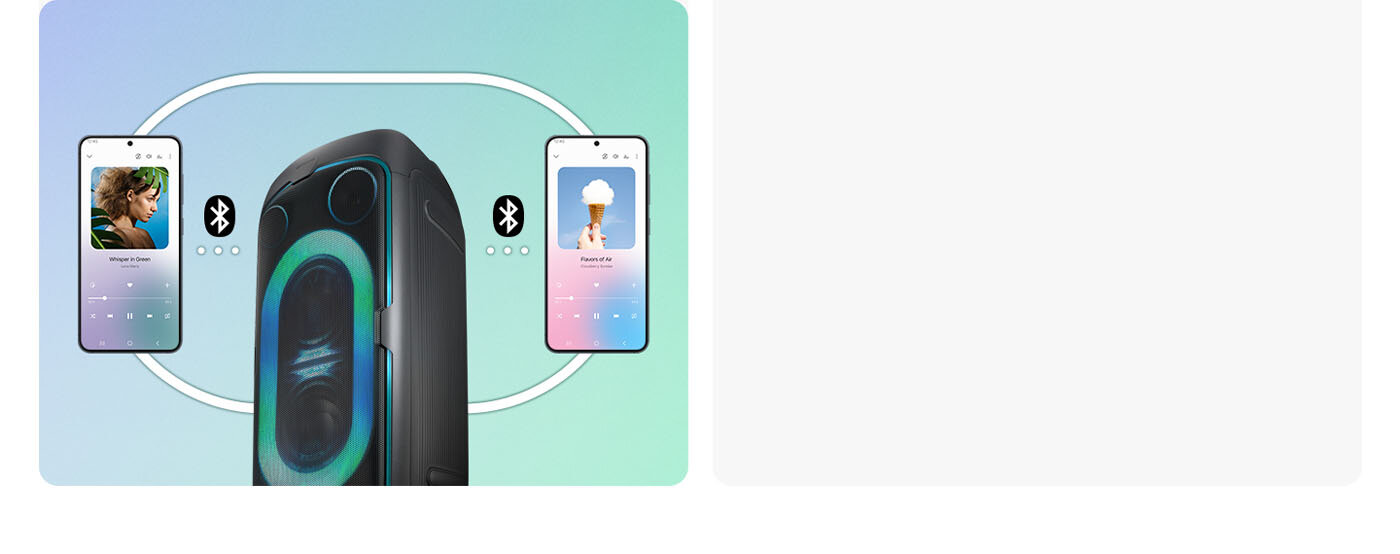 Close-up of a Samsung Sound Tower. A dotted lined connects it to USB 2.1 icon.