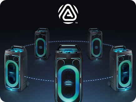 Five Samsung Sound Towers connected with dotted lines for Group Play with Auracast. Auracast logo.