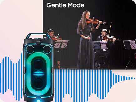Samsung Sound Tower with soundwaves next to 3 types of concert scene shows how 3 Bass Modes can be used in different settings. Punchy Mode for live band music, Deep Mode for electronic music and Gentle Mode for classical music. The soundwaves coming from Sound Tower are different for each mode.