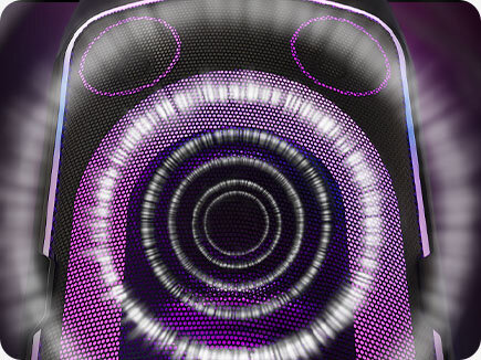 Zoom in on the Sound Tower ST50F. Large soundwaves emanate from the center speaker cone, indicating its power.