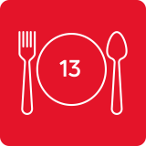 Czerwona ikona przedstawiająca biały talerz z liczbą 13, otoczony widelcem i łyżką.