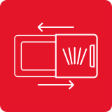 Czerwony kwadrat z białą ikoną przedstawiającą otwartą książkę z liniami symbolizującymi tekst oraz strzałkami wskazującymi kierunek przewracania stron.