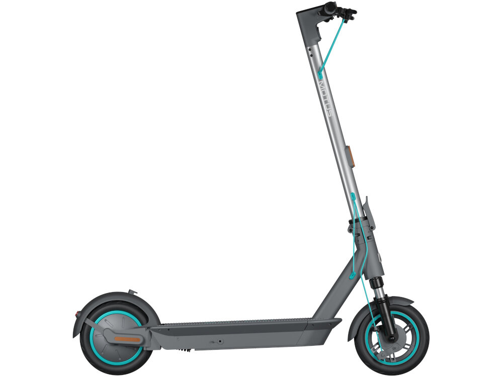 Hulajnoga elektryczna MOTUS Scooty 10 Plus Gen 6 65km 500W Amortyzacja 10 cali Szary hulajnoga widoczna z boku zdjęcie na białym tle wydajna bateria o pojemności 15 Ah bateria litowo-jonowa zasięg do 65 km czas ładowania około 7-8 godzin wskaźnik zużycia baterii