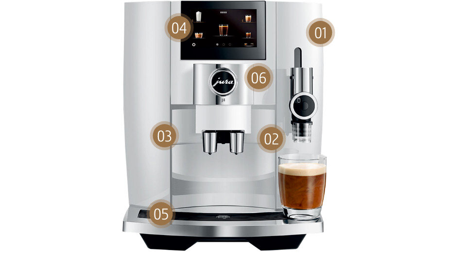 Ekspres JURA J8 Piano White (EA) Funkcja Kontrola Aromat Proces Ekstrakcji Pulsacyjnej (P.E.P.®) Funkcja Sweet Foam Czyszczenie CoffeeEye kawa 31 specjałów