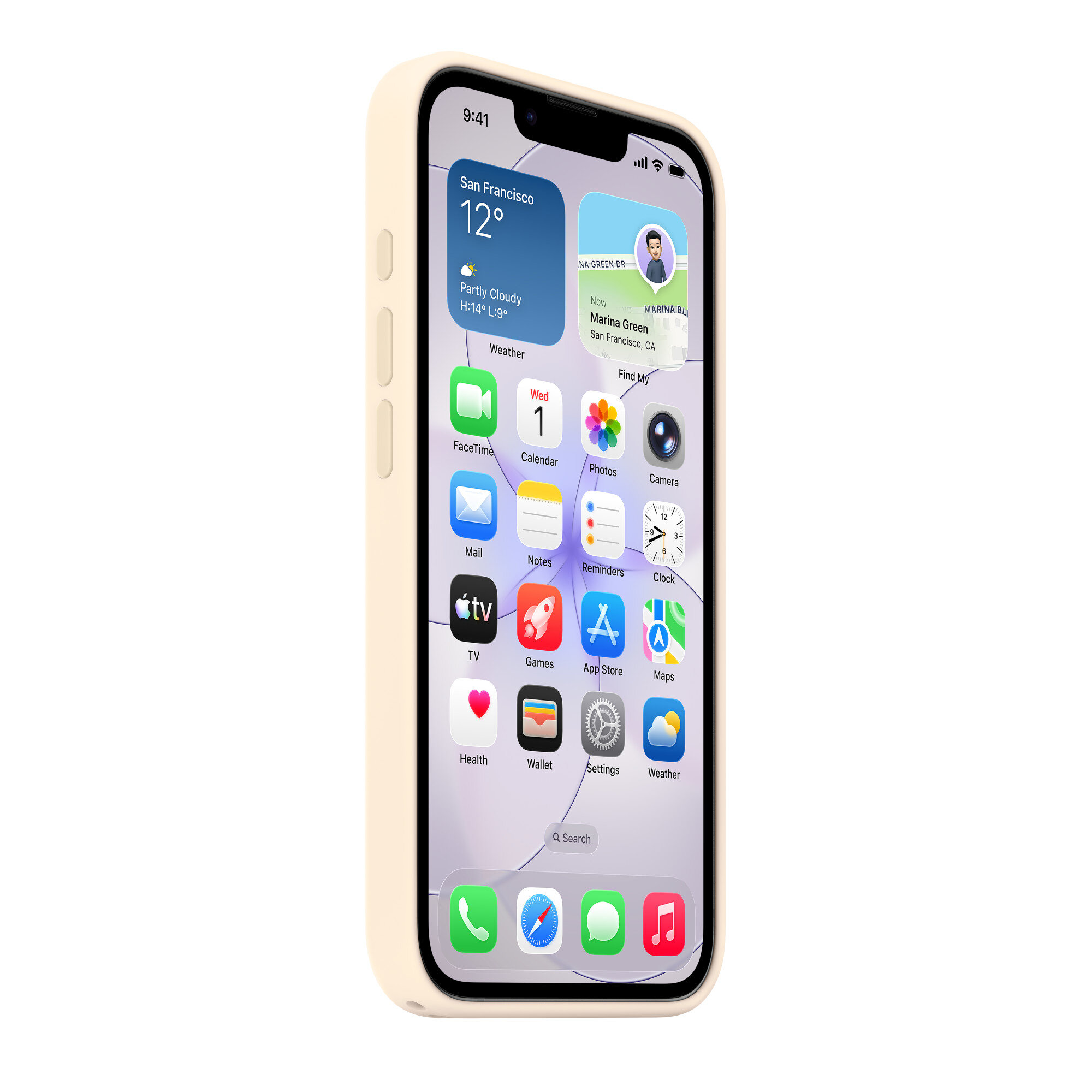 Etui APPLE Silicone Case MagSafe telefon z założonym etui ustawiony przodem po skosie widoczny bok