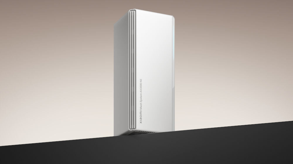 Router XIAOMI Mesh System AX3000 NE 2.4 / 5 GHz (DualBand), Wi-Fi Mesh (1 szt.) prezentacja urządzenia na beżowym tle pod kątem na dole ciemny pasek technologia Wi-Fi 6 prędkość do 3000 Mb/s pasma płynność działania