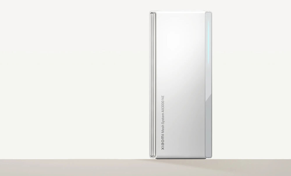 Router XIAOMI Mesh System AX3000 NE 2.4 / 5 GHz (DualBand), Wi-Fi Mesh (1 szt.) prezentacja urządzenia na białym tle od przodu na dole beżowy pasek zabezpieczenia WPA3 kontrola dostępu ochrona danych
