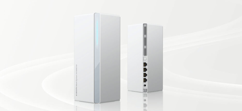 Router XIAOMI Mesh System AX3000 NE 2.4 / 5 GHz (DualBand), Wi-Fi Mesh (1 szt.) prezentacja urządzenia na jasnym tle od przodu pod kątem i od tyłu pod kątem DualBand 2.4 i 5 GHz dla szerokiego zasięgu i wysokich prędkości stabilność