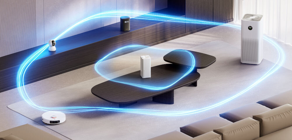 Router XIAOMI Mesh System AX3000 NE 2.4 / 5 GHz (DualBand), Wi-Fi Mesh (1 szt.) prezentacja podłączonych różnych urządzeń do routera w pokoju świetlna imitacja połączeń łatwa konfiguracja przez aplikację Mi Home Xiaomi Home kontrola nad siecią