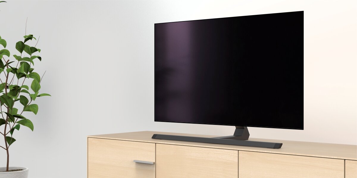 Telewizor z czarnym ekranem stoi na jasnej szafce. Obok znajduje się zielona roślina w doniczce.