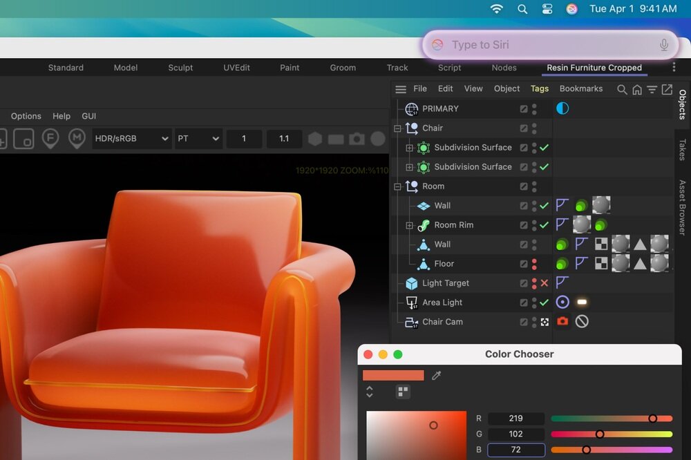 Zrzut ekranu przedstawia interfejs programu do modelowania 3D z widocznym pomarańczowym fotelem. Na ekranie widać także panel z warstwami i narzędzie do wyboru kolorów.