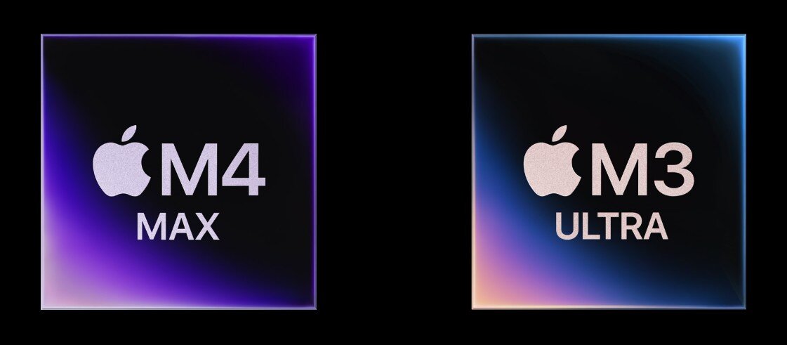 Obraz przedstawia dwa kwadraty z logo Apple. Po lewej napis \'M4 MAX\', a po prawej \'M3 ULTRA\'.