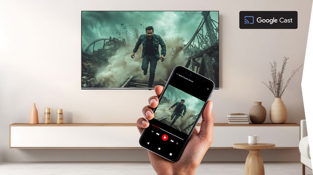 SHARP 55JM6745E Google Cast streaming bezprzewodowy smartfon tablet TV, telewizor na ścianie w pomieszczeniu