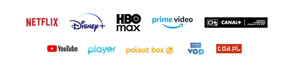 SHARP 55JM6745E aplikacje streaming Netflix Disney Prime Video YouTube Smart TV, loga na białym tle