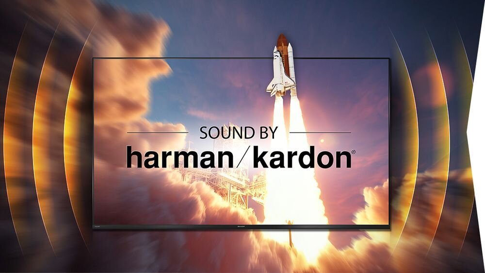 SHARP 55JM6745E Harman Kardon dźwięk audio dialogi muzyka system głośników, telewizor od frontu, statek kosmiczny
